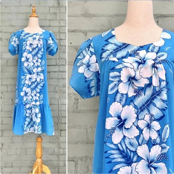 Vintage 1980s Hawaiian print dress. Gorgeous pastel blue with white hibiscus - Picture 10 of 10